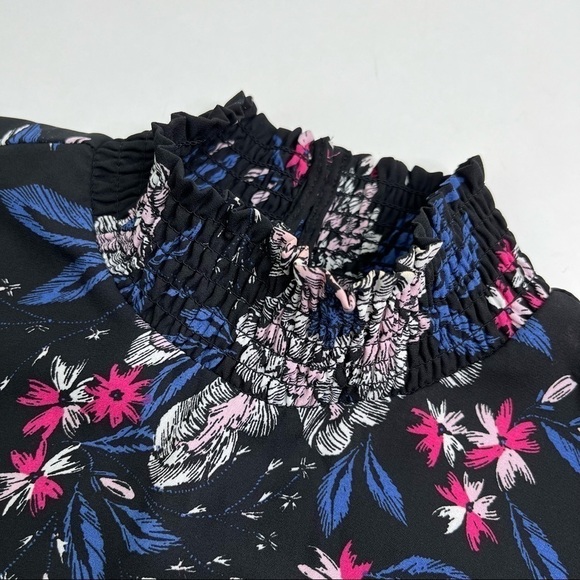 NANETTE LEPORE Black Mystic Blue Floral Smocked Mock Neck Chiffon High-Low Dress - Picture 6 of 16